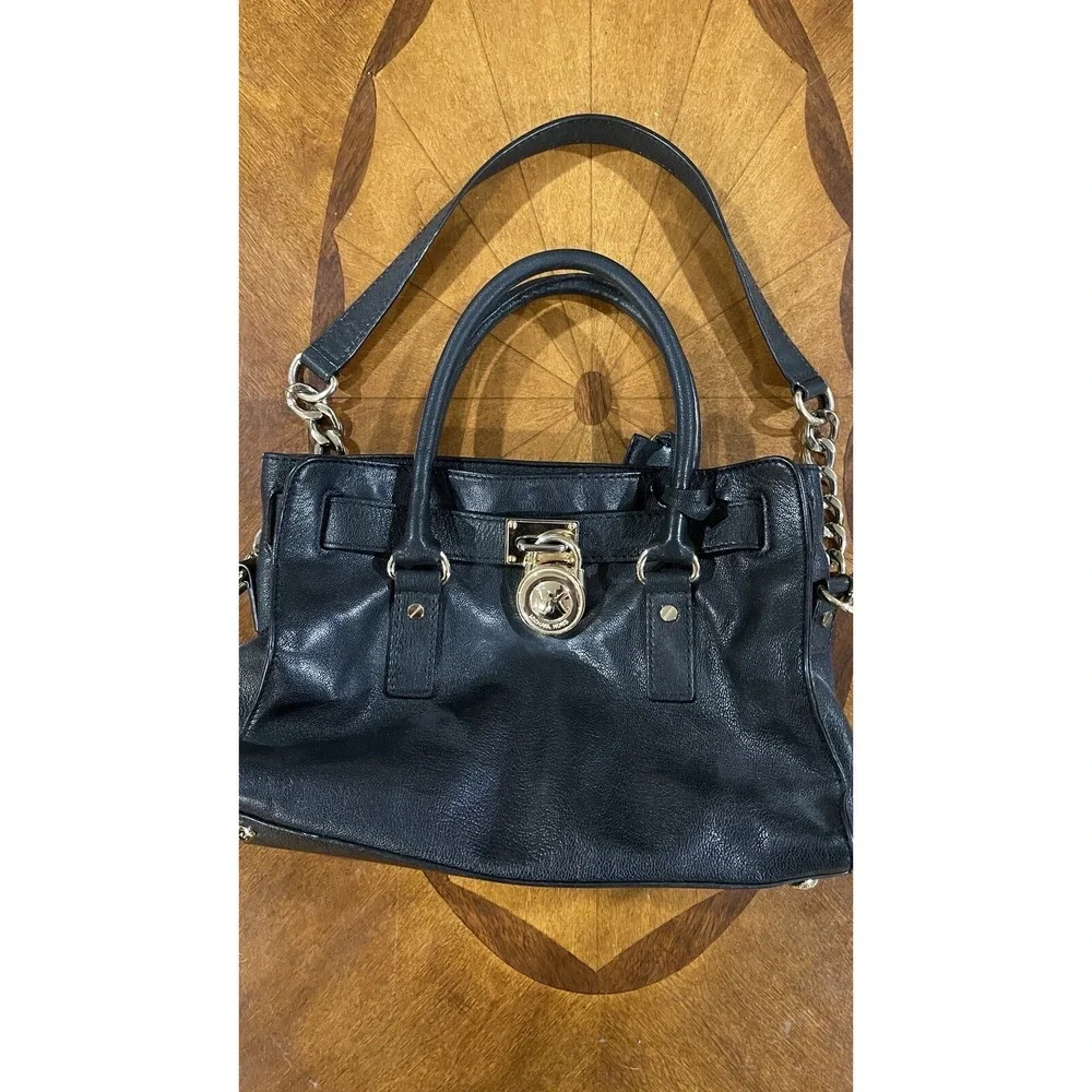 Michael Kors Hamilton Black Leather Satchel Tote‎ Chain Shoulder Bag Gold
